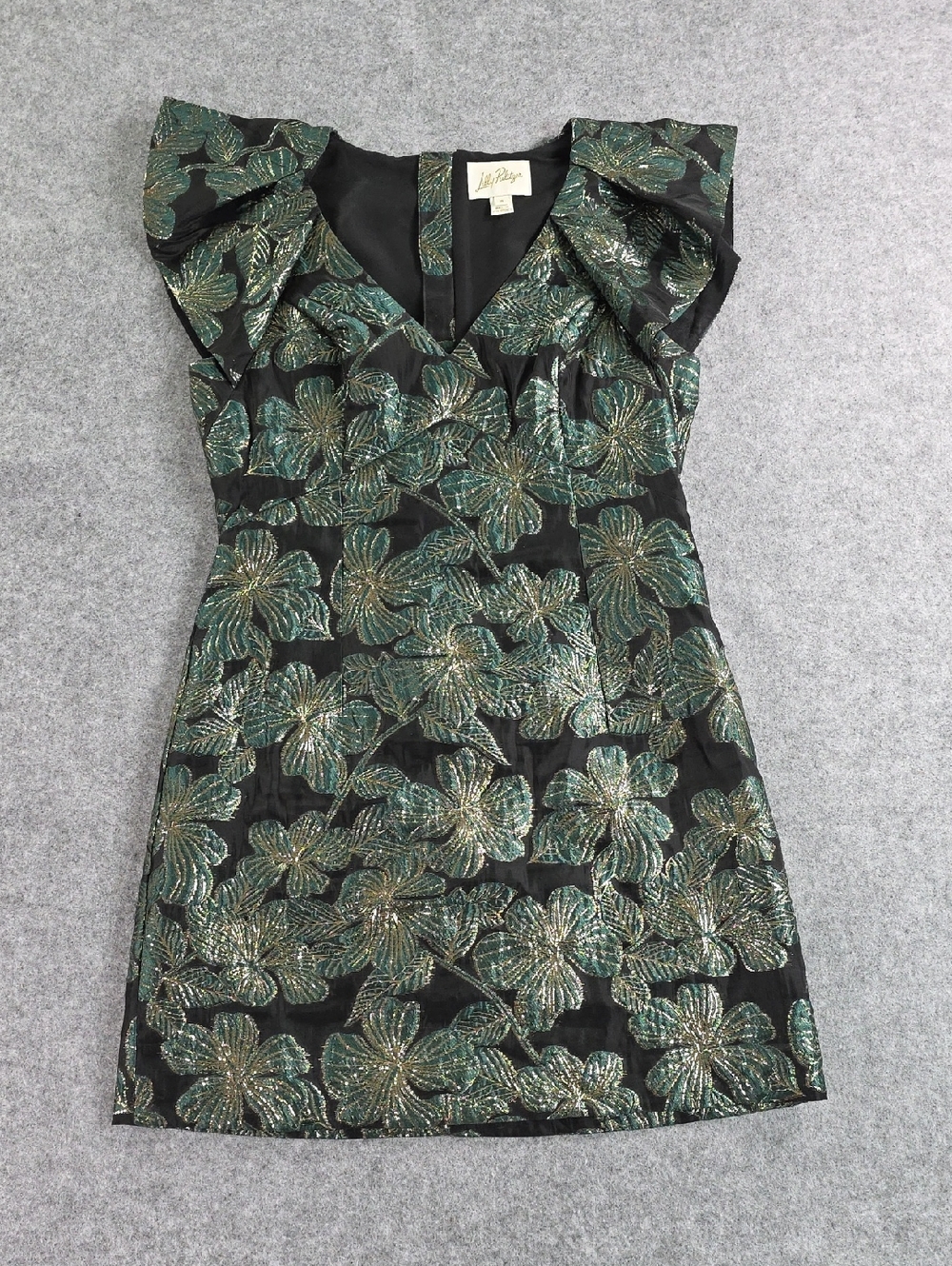 Lilly Pulitzer Black & Green Floral Metallic Cocktail Dress SIZE 8
